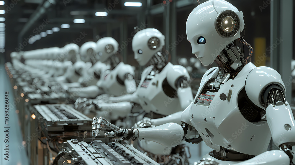 Automation industry concept with robot assembly line in factory. Robot Factory. Illustration Automation industry concept with robot assembly line in factory. Robot Factory. Illustration