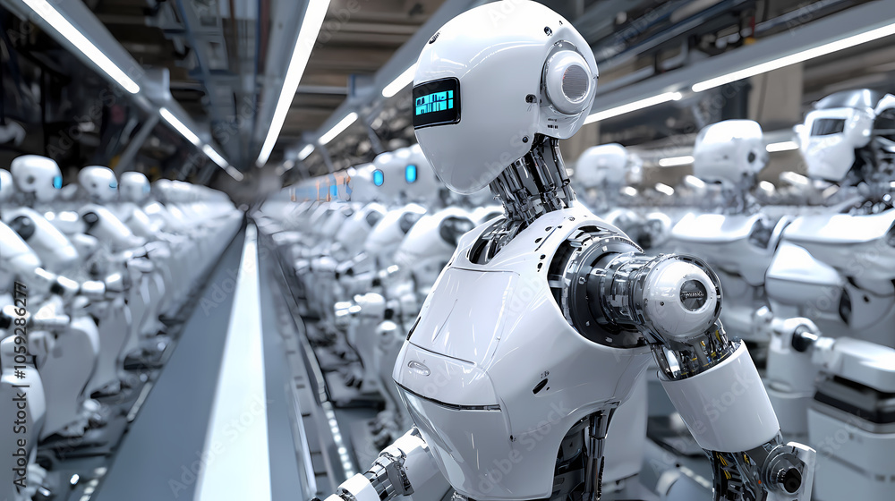Automation industry concept with robot assembly line in factory. Robot Factory. Illustration Automation industry concept with robot assembly line in factory. Robot Factory. Illustration