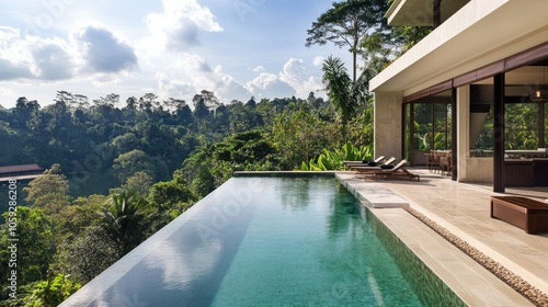 Modern villa pool surrounded by lush greenery and chic furniture, with clear skies and sunlit reflections on the water, no people.