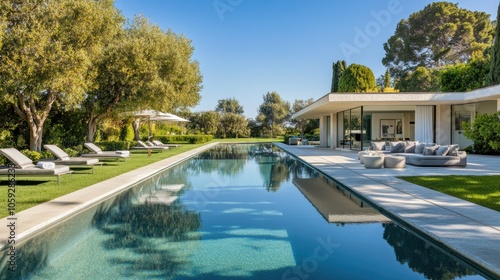 Wallpaper Mural Modern villa pool surrounded by lush greenery and chic furniture, with clear skies and sunlit reflections on the water, no people. Torontodigital.ca
