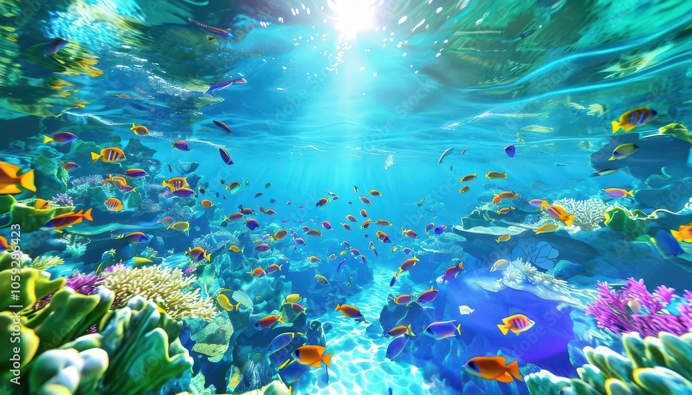 Naklejka premium Vibrant underwater scene with colorful fish and coral, illuminated by sunlight.