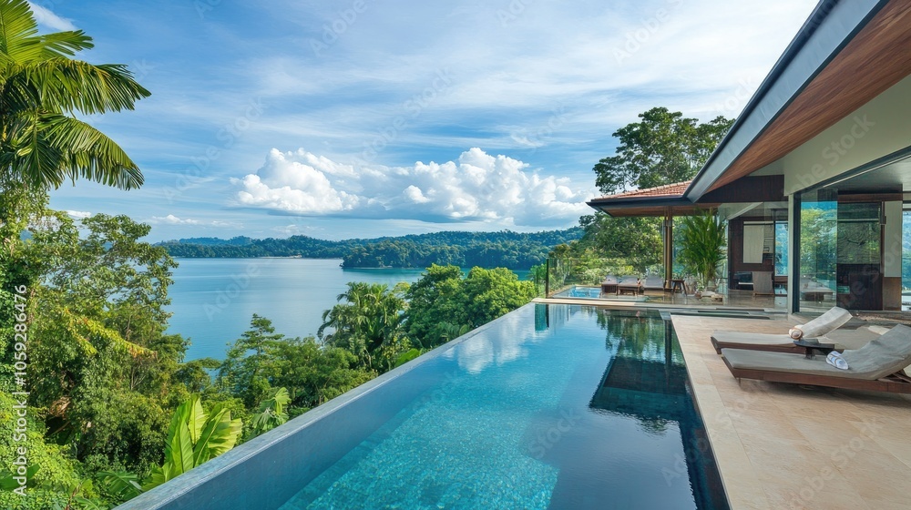 Fototapeta premium Modern villa with an infinity pool, overlooking ocean views, with clean lines and lush garden surroundings, no people.