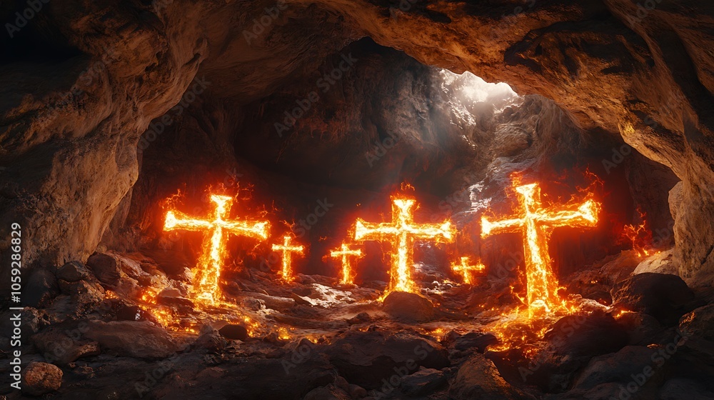 Fiery Crosses in a Dark Cave Illustration Fiery Crosses in a Dark Cave Illustration