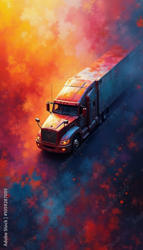A striking red truck navigating through a colorful abstract landscape at sunset, emphasizing movement and vibrant hues A striking red truck navigating through a colorful abstract landscape at sunset, emphasizing movement and vibrant hues