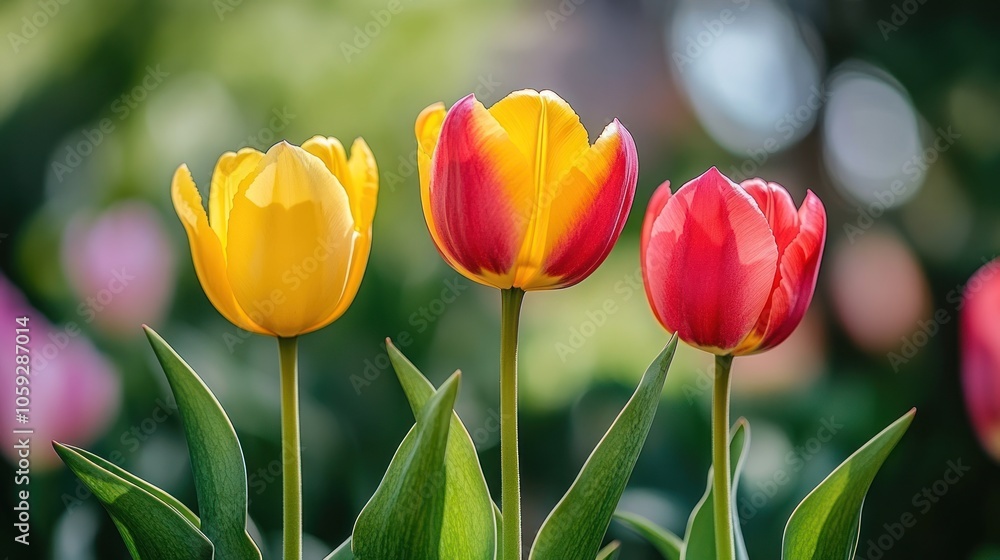 Naklejka premium Three colorful tulips in a field.