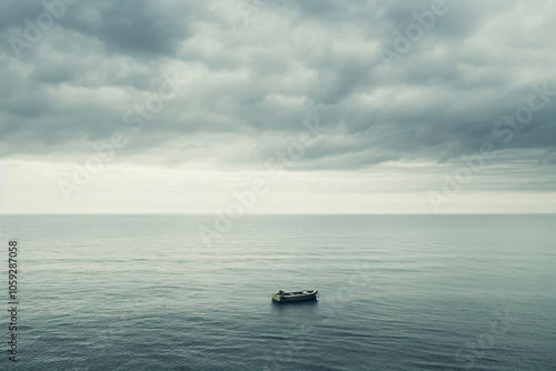 a small boat floating in the middle of the ocean