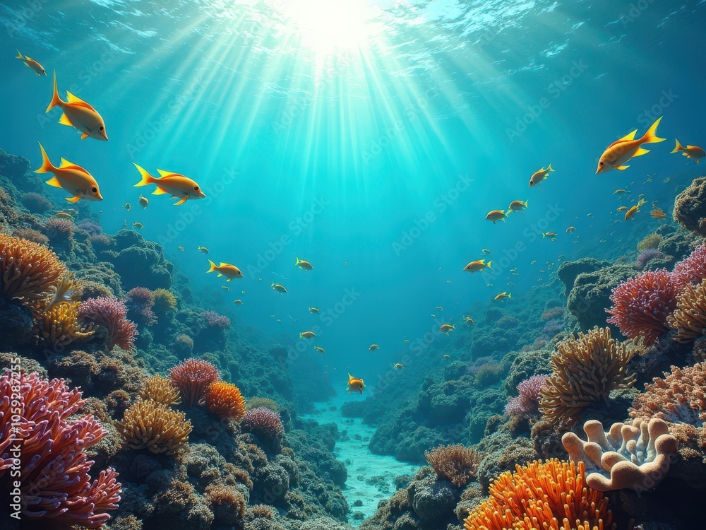 Fototapeta premium Vibrant underwater scene with colorful coral reefs and schools of fish.