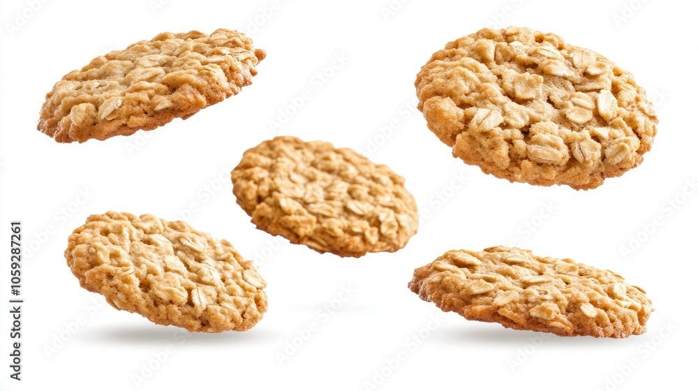 Oatmeal cookies falling through the air, isolated on white, their texture highlighted for a deliciously homemade appeal. Oatmeal cookies falling through the air, isolated on white, their texture highlighted for a deliciously homemade appeal.