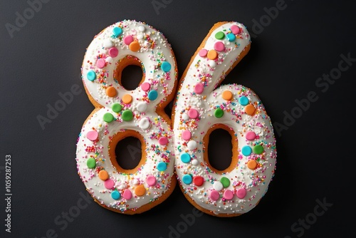Cake shaped like number 86 on dark background