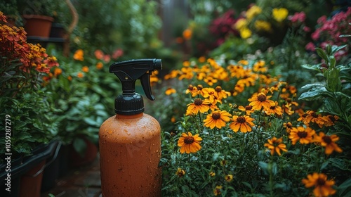 A Garden Spray Bottle Beside Yellow Flowers