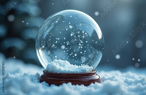 Empty Christmas snow globe on a winter background with delicate snowfall and copy space for text. 