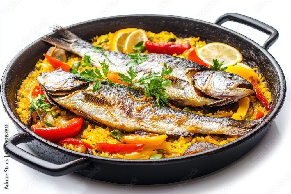 Saffron vegetable fish paella in a black pan on a white background Saffron vegetable fish paella in a black pan on a white background