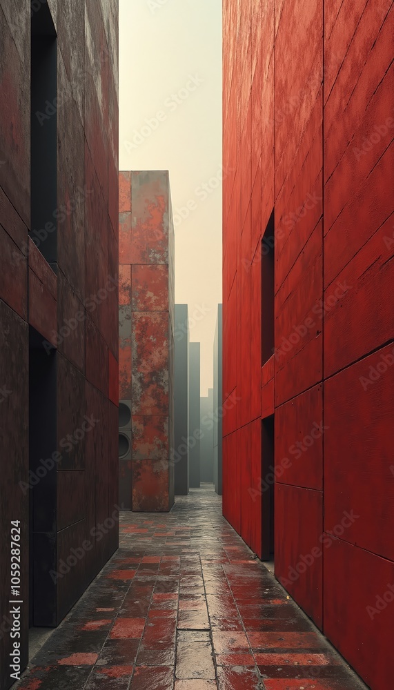 An abstract view of a narrow alleyway showcasing red-hued walls, wet pavement, and a foggy atmosphere during early morning light An abstract view of a narrow alleyway showcasing red-hued walls, wet pavement, and a foggy atmosphere during early morning light