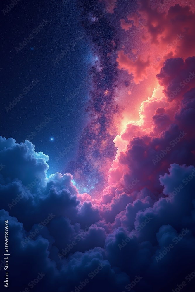 A vibrant cosmic swirl of clouds and stars illuminating the night sky in an abstract display of colors and light A vibrant cosmic swirl of clouds and stars illuminating the night sky in an abstract display of colors and light