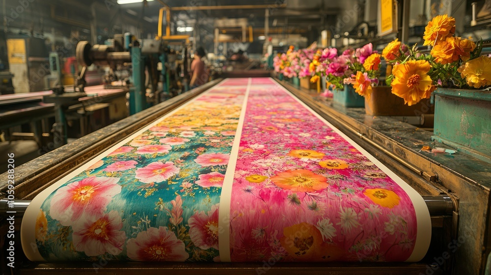 Textile Printing Machine with Floral Patterned Fabric Textile Printing Machine with Floral Patterned Fabric