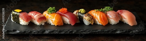Obraz  z motywem Assorted sushi nigiri on slate platter, dark textured surface, fresh garnishes, soft natural side lighting