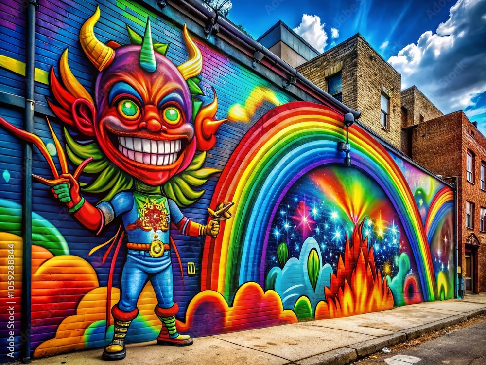Obraz premium Colorful Graffiti Art of Rainbow Devil Character in Urban Landscape - Panoramic Photography Featuring Vibrant Street Art and Creative Expression