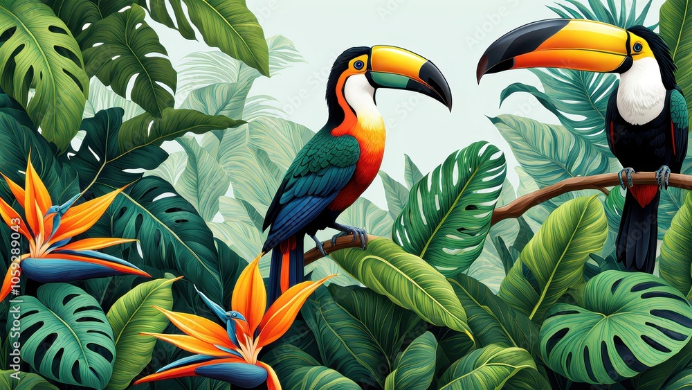 Vibrant tropical scene featuring toucans and exotic plants. Vibrant tropical scene featuring toucans and exotic plants.