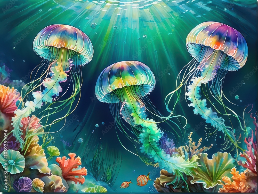 Fototapeta premium Vibrant underwater scene featuring colorful jellyfish and coral.