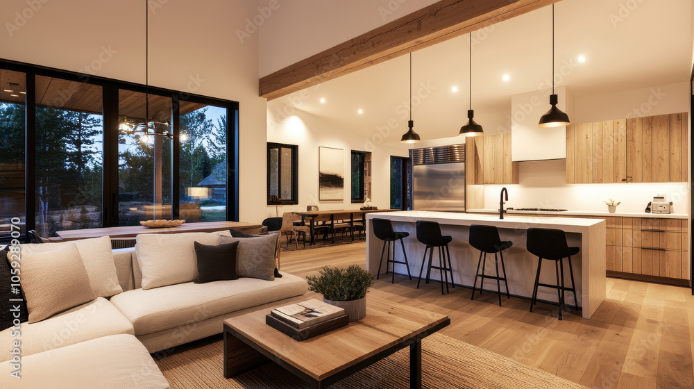 Fototapeta premium Modern living room with open kitchen, wooden accents, cozy atmosphere, and stylish furniture for contemporary interior design.