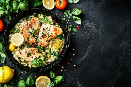 Savory chicken piccata with herbs and lemon on dark table