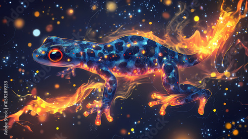 Blockchain based digital marketplace with secure transactions and a decentralized network. Fire Salamander. Illustration photo