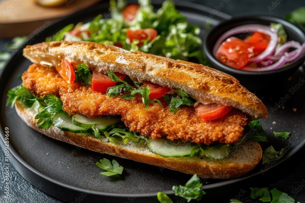 Schnitzel and salad in a baguette Schnitzel and salad in a baguette