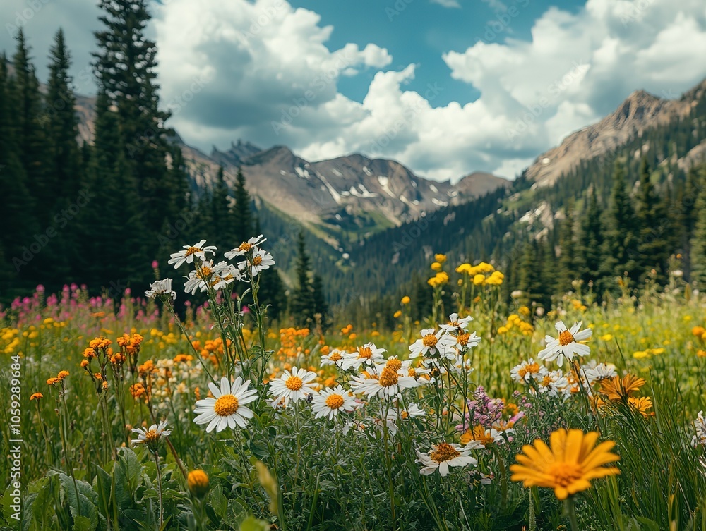 Fototapeta premium A field of wildflowers with a mountain in the background