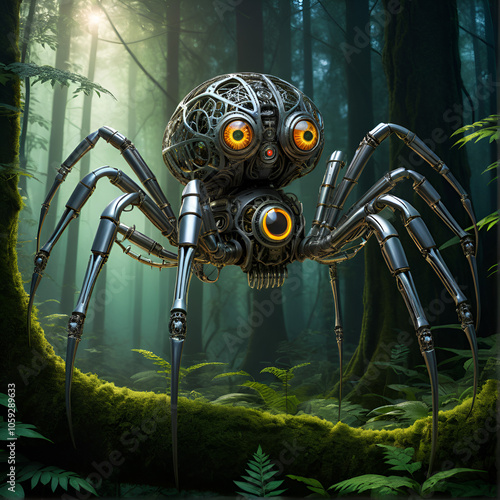 biomechanical forest sentinel intricate mechanical spider with gleaming metallic legs and glowing eyes perched vigilantly amidst lush mysterious forest backdrop photo