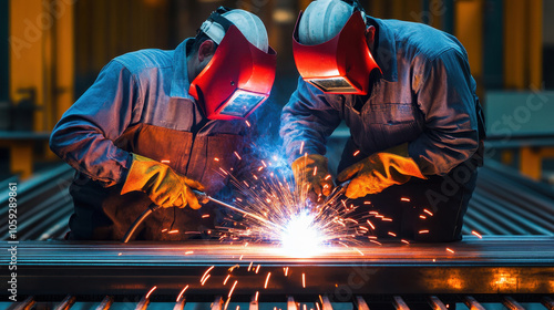 Two welders work diligently, creating sparks and metal connections in a bright, industrial setting.