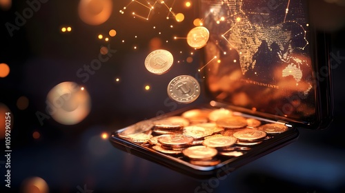 Virtual currency wallet.Digital Wallet and Cryptocurrency concept that controls usage with blockchain and smart contacts. Cryptocurrency payments and blockchain technology based digital money concept. photo