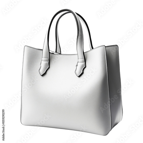 White purse with a silver handle. The purse is made of leather. Finding facts and concepts isolated cut out on transparent PNG background.