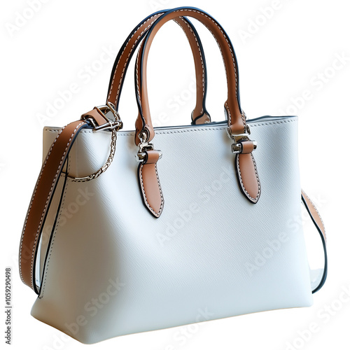 White purse with a brown strap. A chain attaches the strap to the purse. The purse has a brown handle. finding facts concepts isolated cutout on transparent PNG background