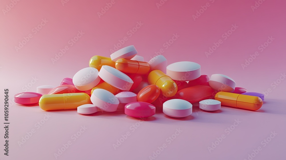 Pile of colorful pills and tablets, arranged on a light background, highlighting the diversity of modern healthcare options. Pile of colorful pills and tablets, arranged on a light background, highlighting the diversity of modern healthcare options.