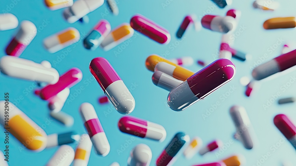 Pile of colorful pills scattered on a light background, displaying a mix of sizes and shapes in a clinical, organized setting.