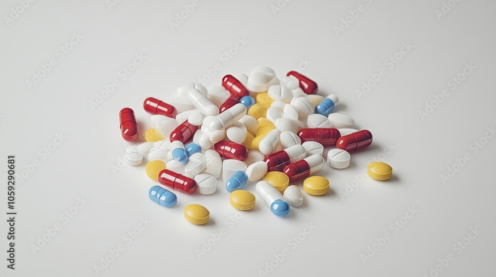 Pile of medical pills in various colors and shapes, spread across a plain white background, symbolizing health and treatment. Pile of medical pills in various colors and shapes, spread across a plain white background, symbolizing health and treatment.