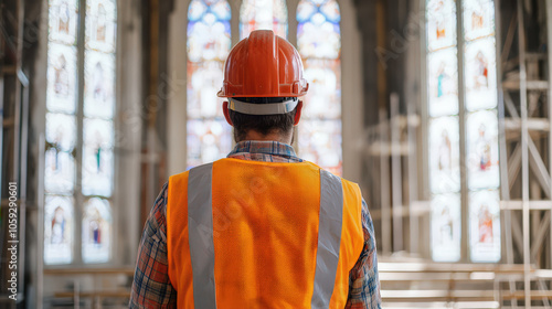 Construction worker wearing hard hat and safety vest, observing stained glass windows in church. atmosphere is focused and industrious photo