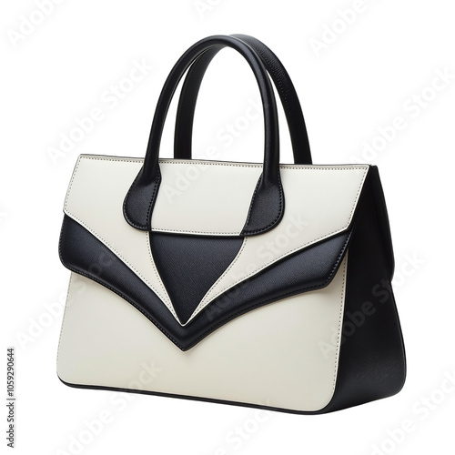 Black and white purse with a white handle. The purse is made of leather and has a black-and-white design. finding facts concepts isolated cutout on transparent png background.