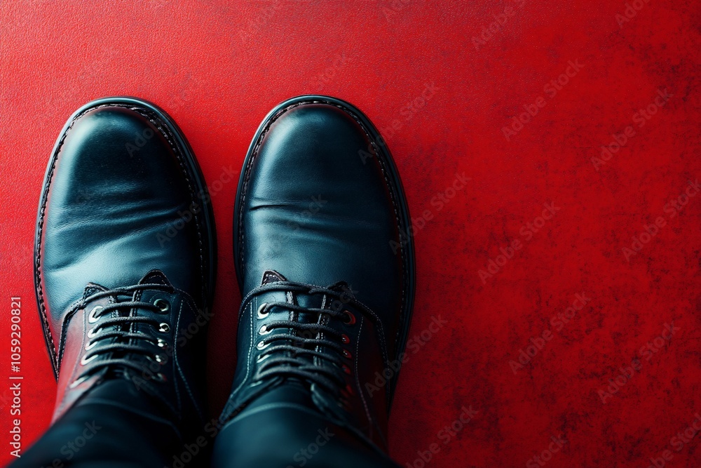 Black Leather Boots on Red Background - Men's Fashion Photography Black Leather Boots on Red Background - Men's Fashion Photography