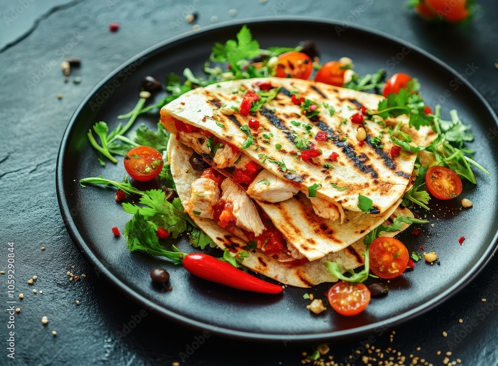 Serving of chicken quesadilla appetizer Serving of chicken quesadilla appetizer