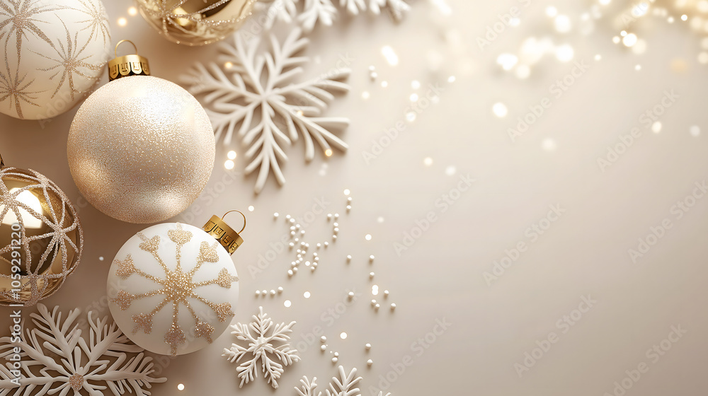Elegant Christmas decorations with sparkling lights on a creamy background, perfect for festive advertising. Elegant Christmas decorations with sparkling lights on a creamy background, perfect for festive advertising.