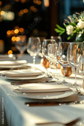 Elegant  table setting in beautiful restraurant or diningroom photo