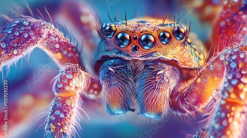 Microscopic view of a spider's abdomen, revealing intricate geometric patterns and vibrant textures in stunning clarity under a biological microscope.