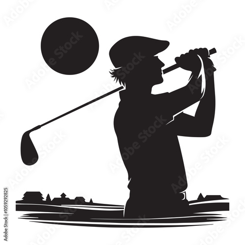 Golfer swinging club Silhouette vector black color white background