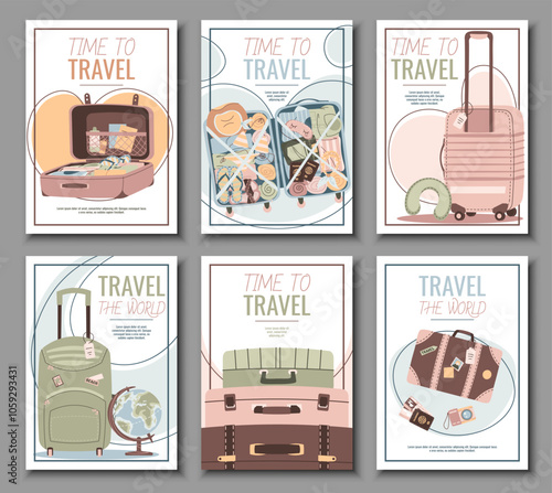 Set of tourist flyers. Posters with suitcase, globe, tickets, passport and camera. Travel around the world, summer vacation. Banners for travel agency