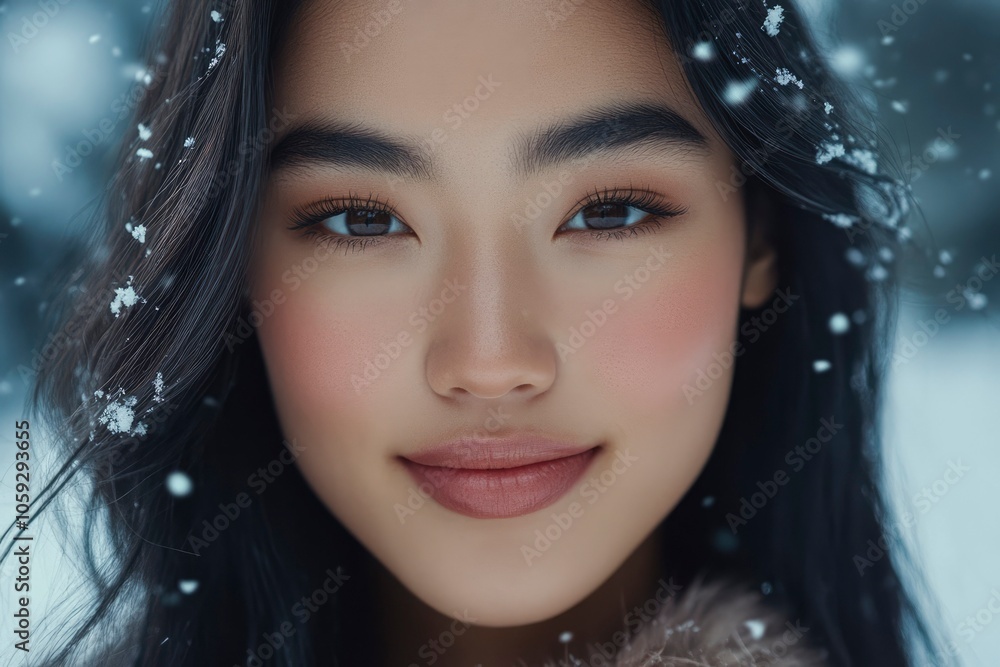 Close-up Portrait of a Young Woman with Snow Falling on Her Hair Close-up Portrait of a Young Woman with Snow Falling on Her Hair