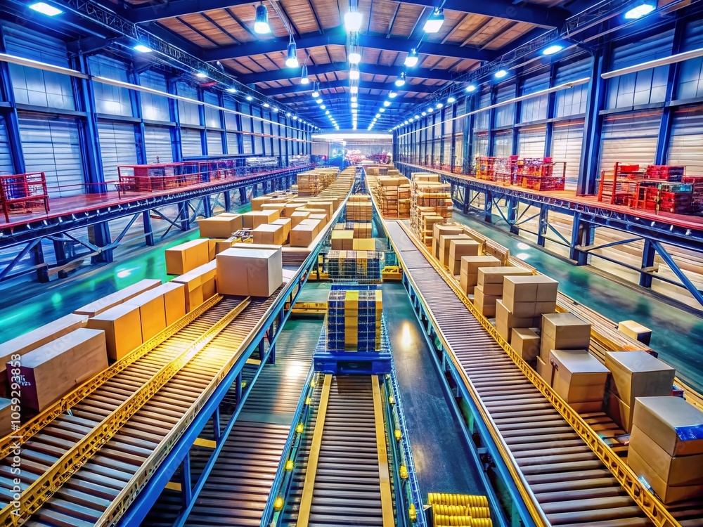 Conveyor Belt in Distribution Warehouse for E-commerce Delivery and Automated Logistics with Cardboard Boxes and Copy Space for Marketing Conveyor Belt in Distribution Warehouse for E-commerce Delivery and Automated Logistics with Cardboard Boxes and Copy Space for Marketing