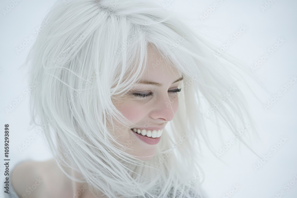 Woman with long white hair smiling gently, looking down Woman with long white hair smiling gently, looking down