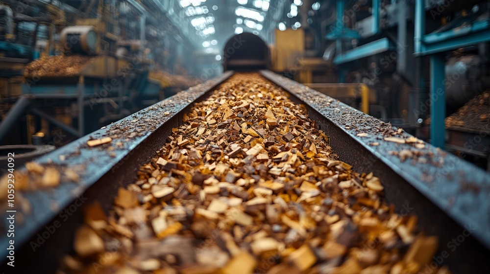 Wood Chips Moving on a Conveyor Belt in a Factory Wood Chips Moving on a Conveyor Belt in a Factory