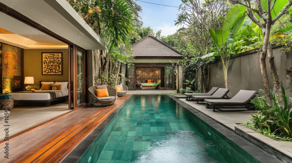 custom made wallpaper toronto digitalSwimming pool with a wood deck in a private villa, stylish lounge chairs nearby, creating a serene and exclusive setting, no people.